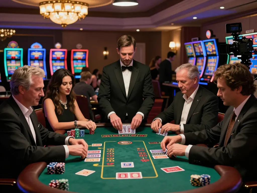 Players engaged in high-stakes betting at red88 blackjack tables in an elegant casino setting.