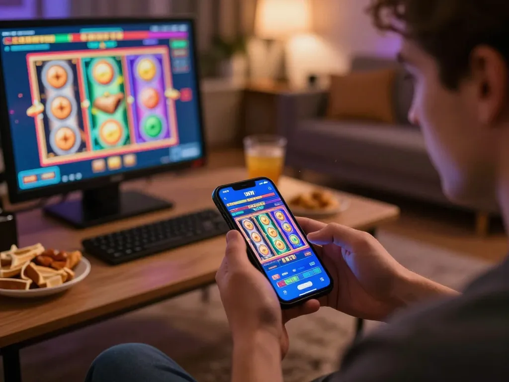IWIN player enjoying a thrilling game on their smartphone in a cozy home setting, depicting engaging online gambling.