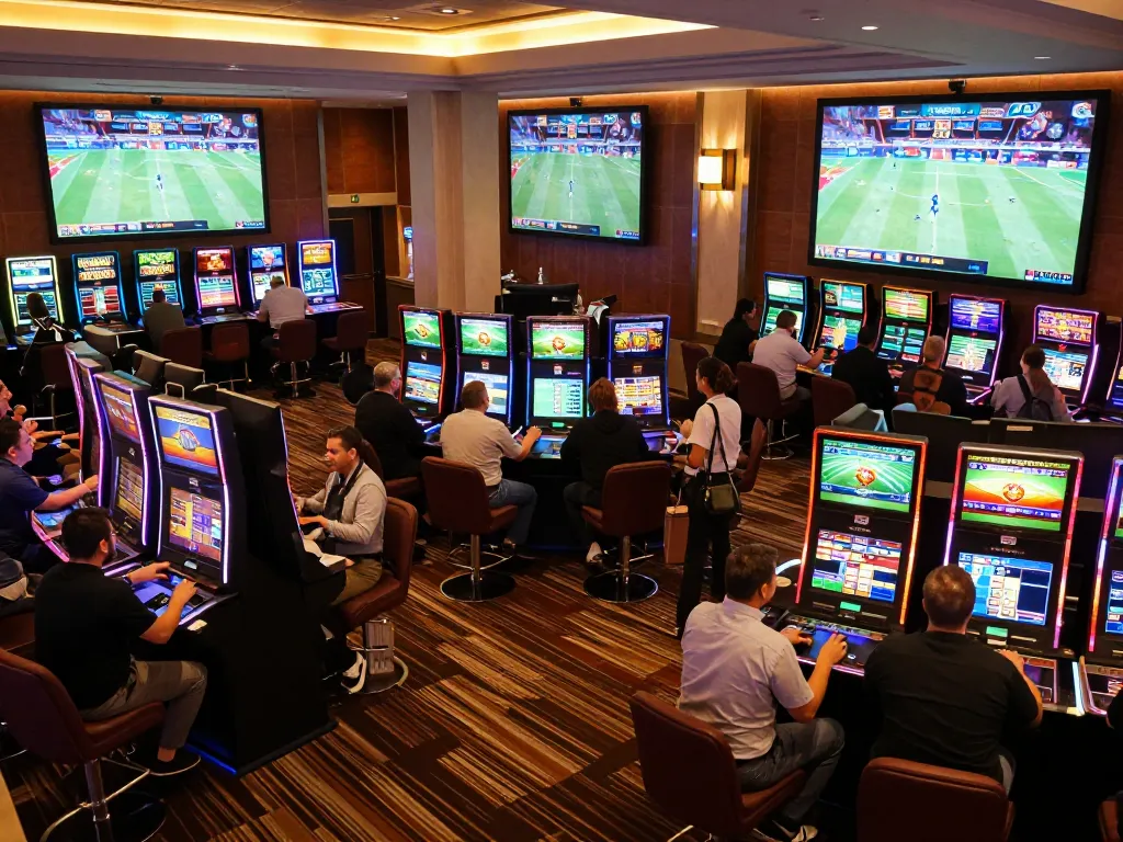 Betting action at 88club's lively sports betting area featuring enthusiastic bettors and multiple screens.