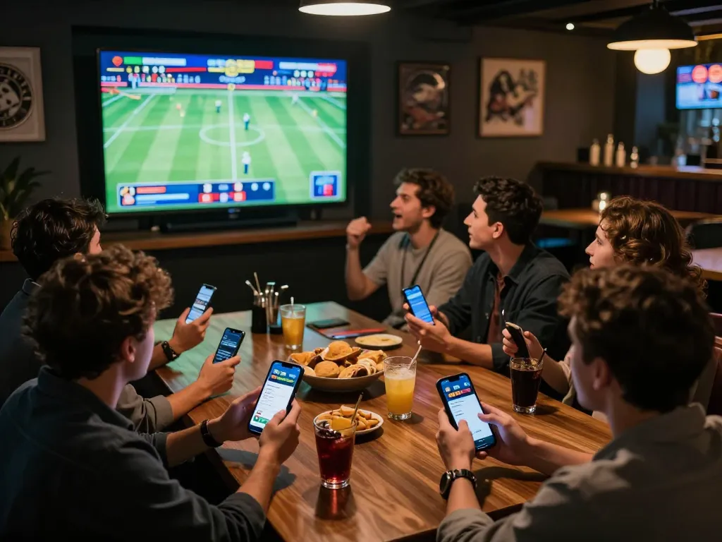 Friends engaging with the f168 betting app while watching live sports in a stylish lounge.