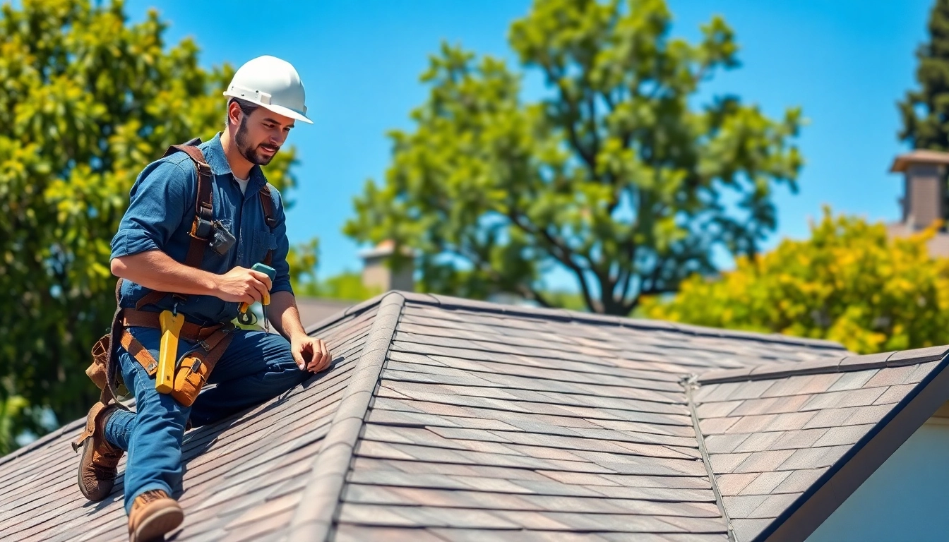 Roofing contractor Walnut Creek inspecting a rooftop with tools in a sunny suburban setting.