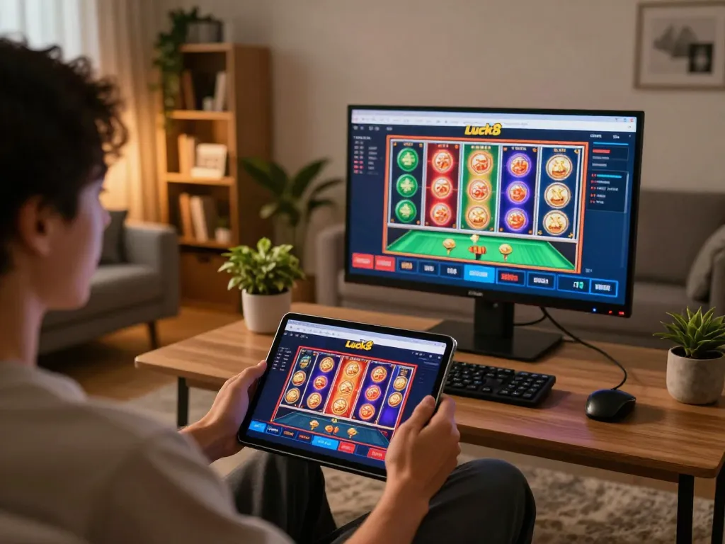 Luck8 user engaging with a tablet showcasing an online casino experience, emphasizing strategic entertainment