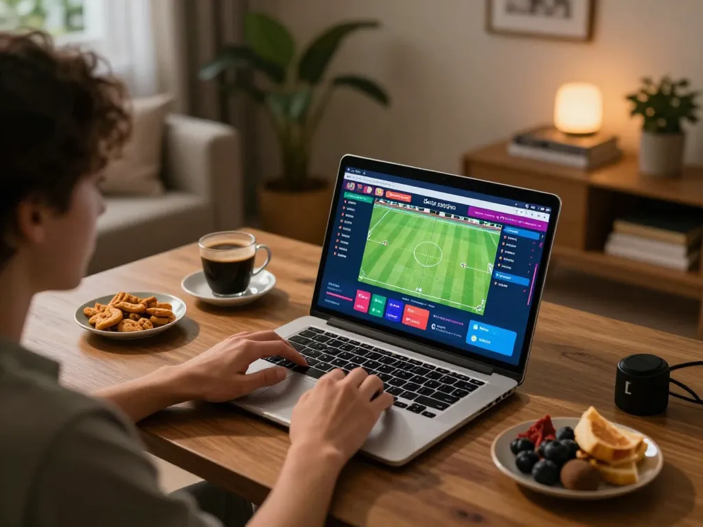 Engaging in bóng đá trực tuyến betting from a cozy home gaming setup with vibrant screens and snacks.