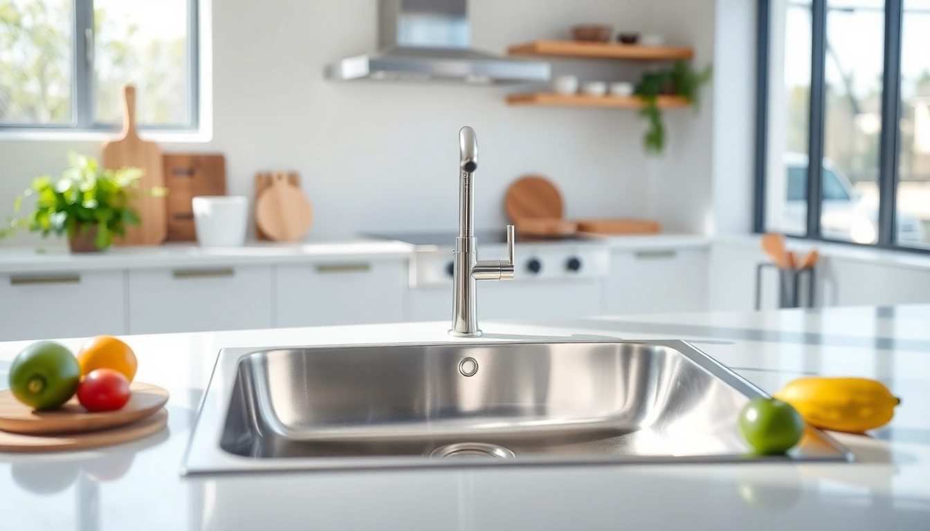 Admire the sleek and polished stainless steel sink in a beautifully lit modern kitchen.