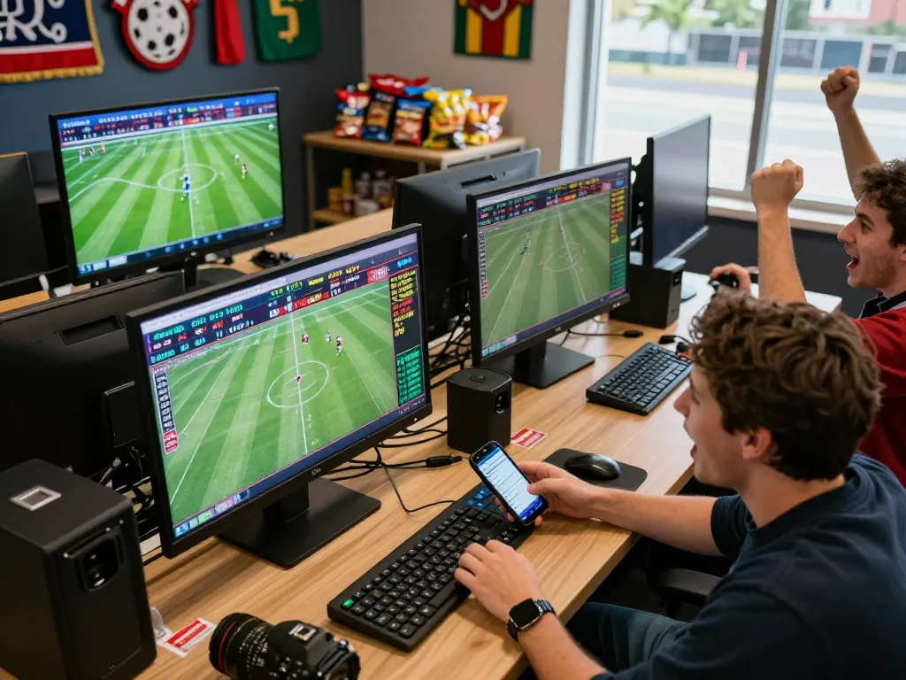 Kèo bóng đá trực tuyến betting action at a sports viewing party, showcasing mobile app in use and live match screens.