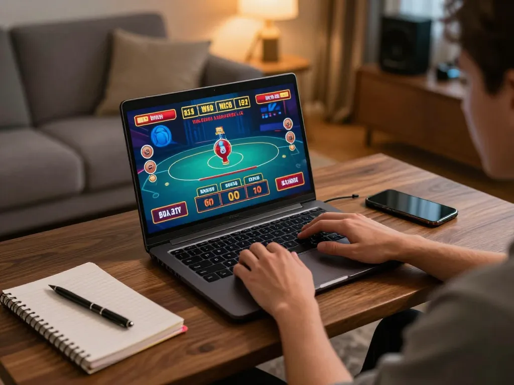 Enjoying online gambling on gg88 with laptop and live dealer game interface in a cozy home setting.
