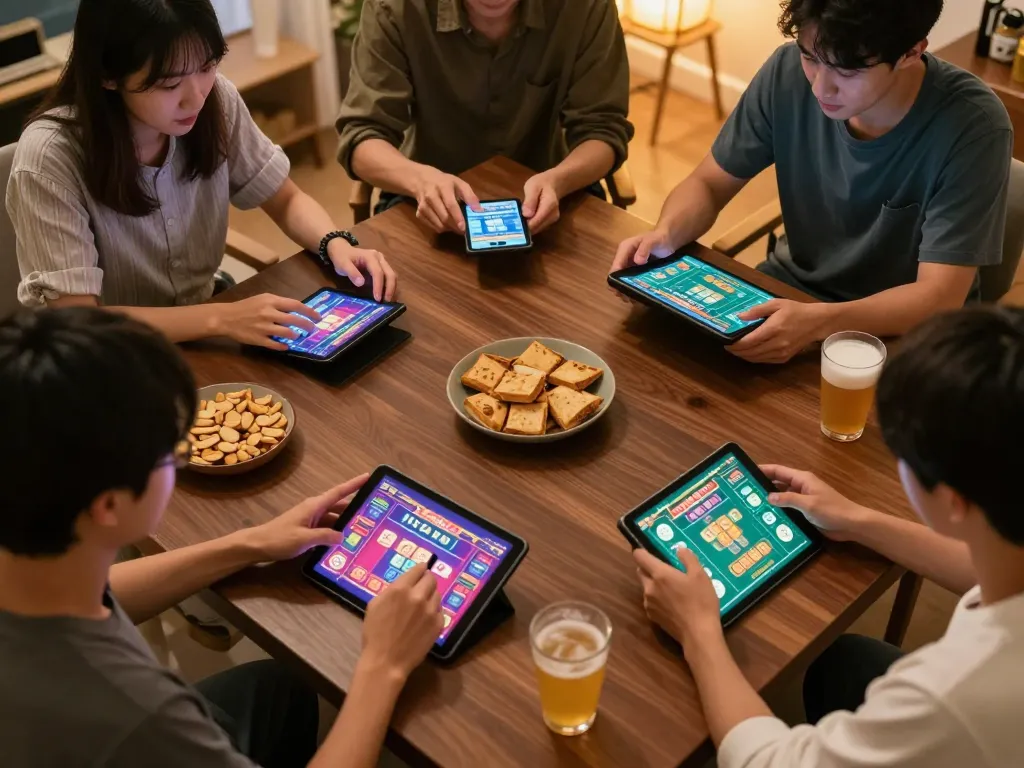 Engaging players enjoying game tài xỉu on their smartphones during a friendly home game night
