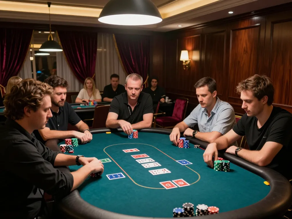 Players competing intensely in poker at red888 casino, showcasing luxury and strategic gameplay.