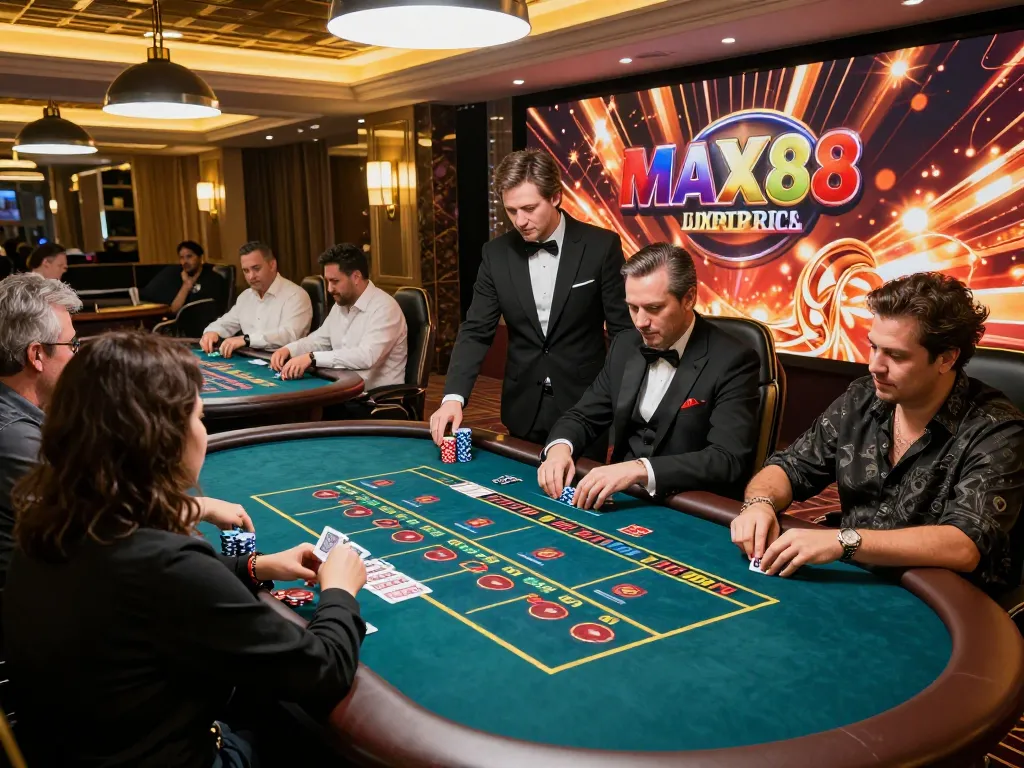 MAX88 live casino with players engaging in strategic gameplay at elegant tables under warm lighting