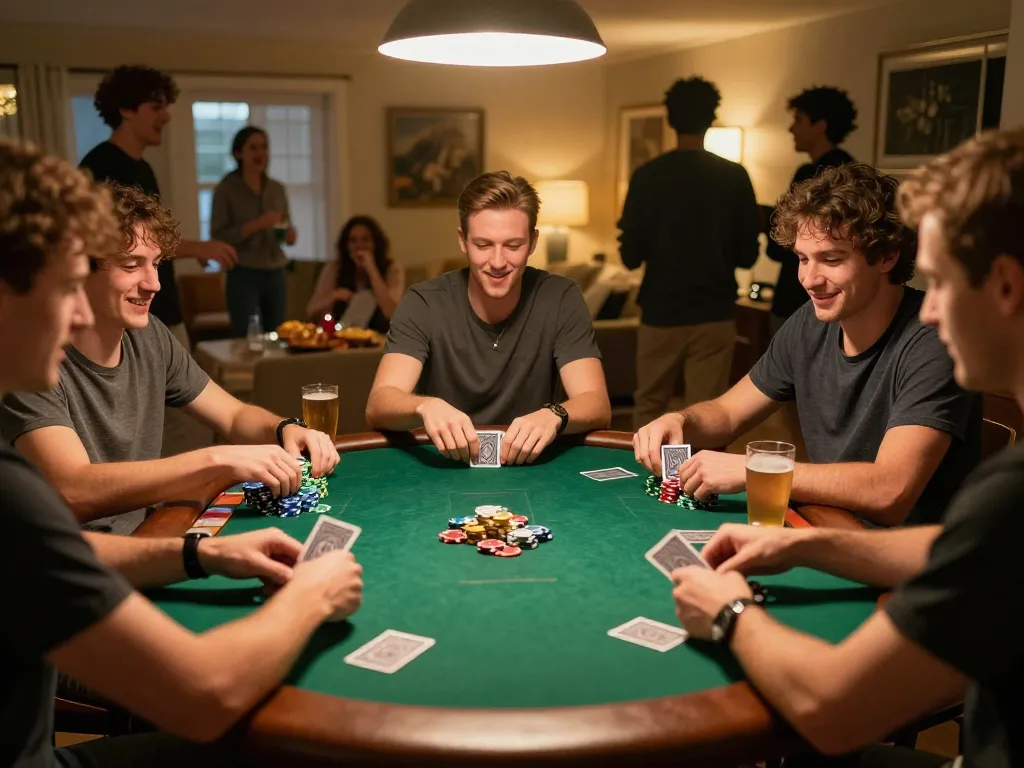 cwin players enjoying an intense poker game at home, showcasing excitement and strategy with cards and chips