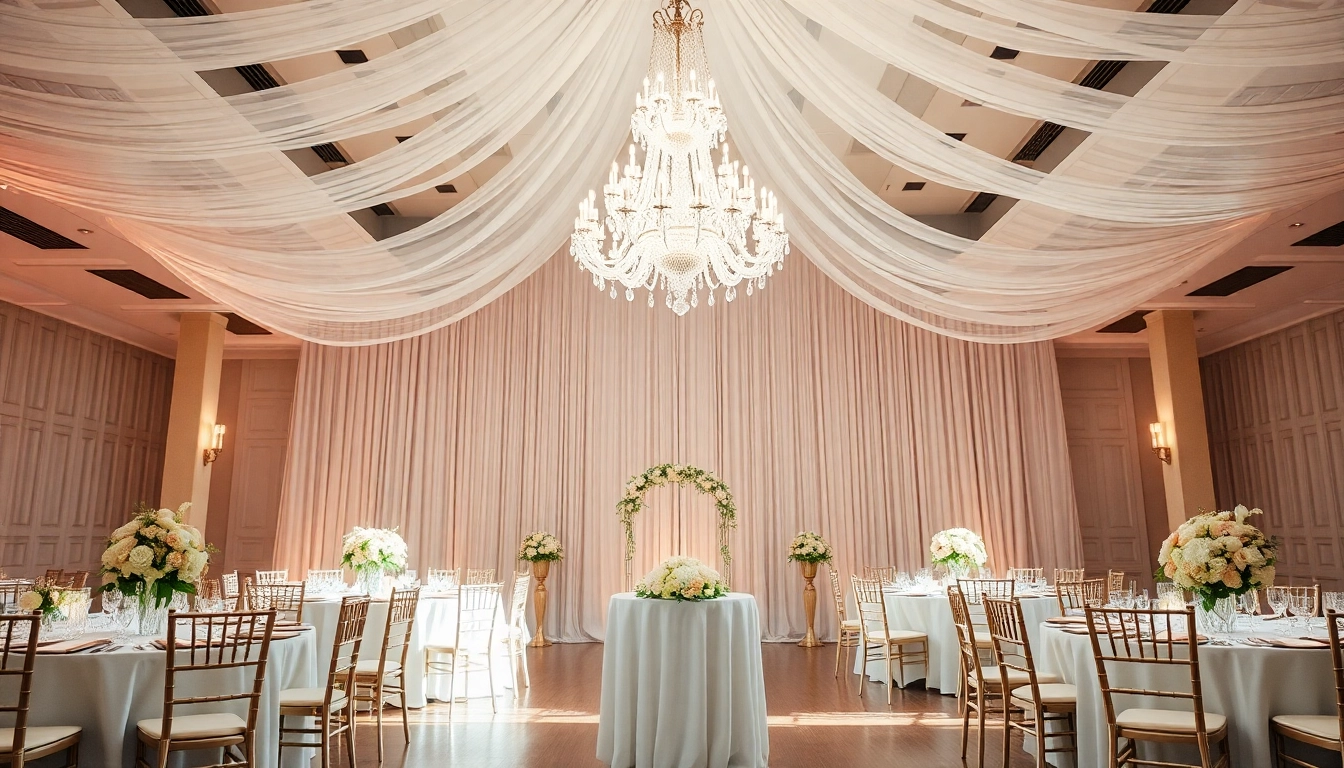 Capture the ambiance of the Best Wedding Venue Jacksonville with elegant decor and a grand chandelier.