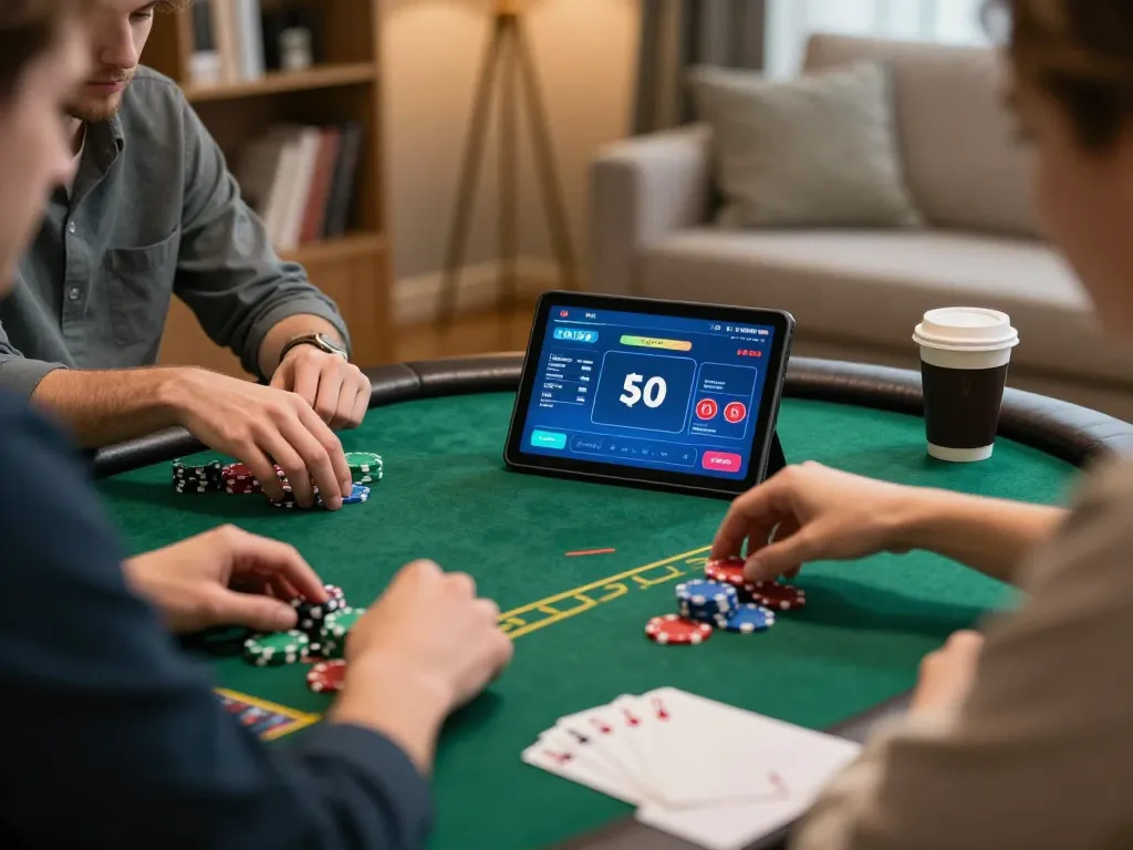Player enjoying poker at home with GG88 app on tablet, surrounded by strategy notes.