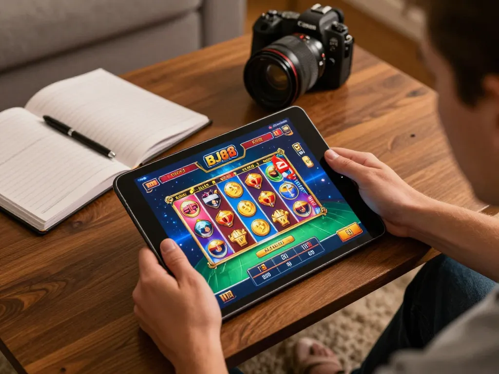 Player enjoying BJ88 interactive online gaming experience with tablet in cozy home.