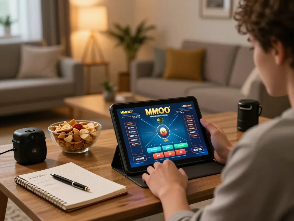 Player engaging with MMOO live dealer game on a cozy tablet setup at home, emphasizing online gambling excitement.