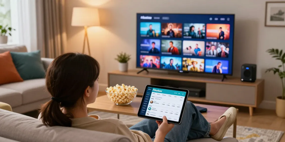 Pikashow user enjoying seamless streaming on smart TV with cozy popcorn setup and vibrant living room.