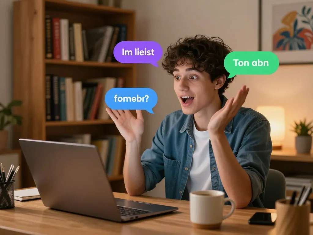 Engaging moment of user chatting with AI companion using SpicyChat platform, vibrant chat bubbles and cozy home office setting.