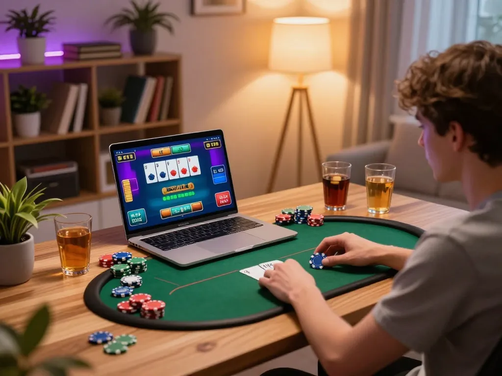 B52club player analyzing cards in a cozy home gaming setup during an online poker session.