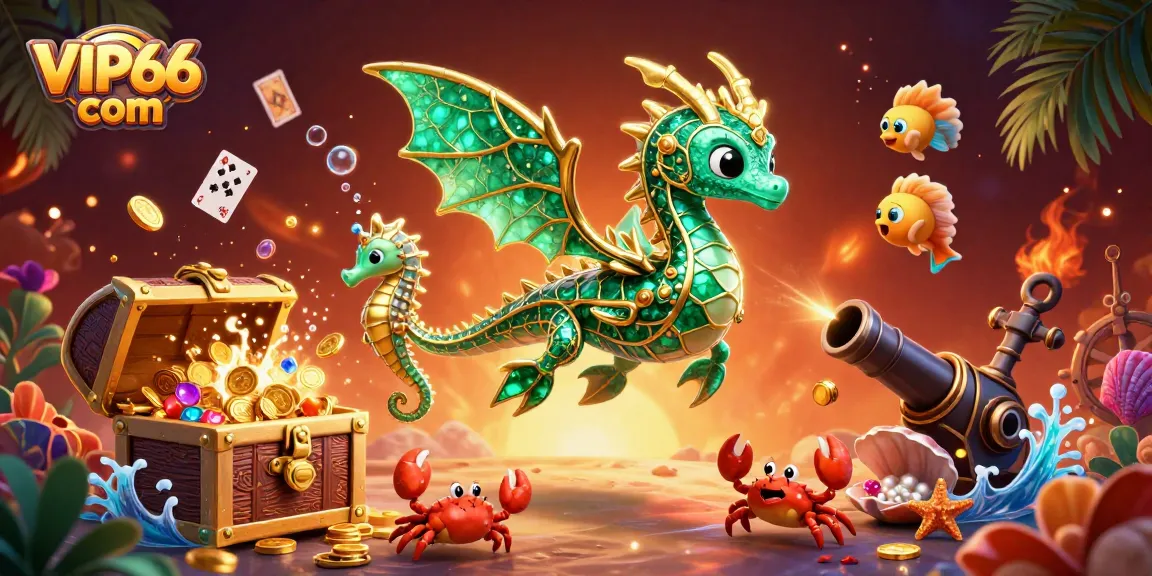 Experience the thrill of VIP66 com with a vibrant underwater casino adventure featuring a dragon, treasure, and coins.