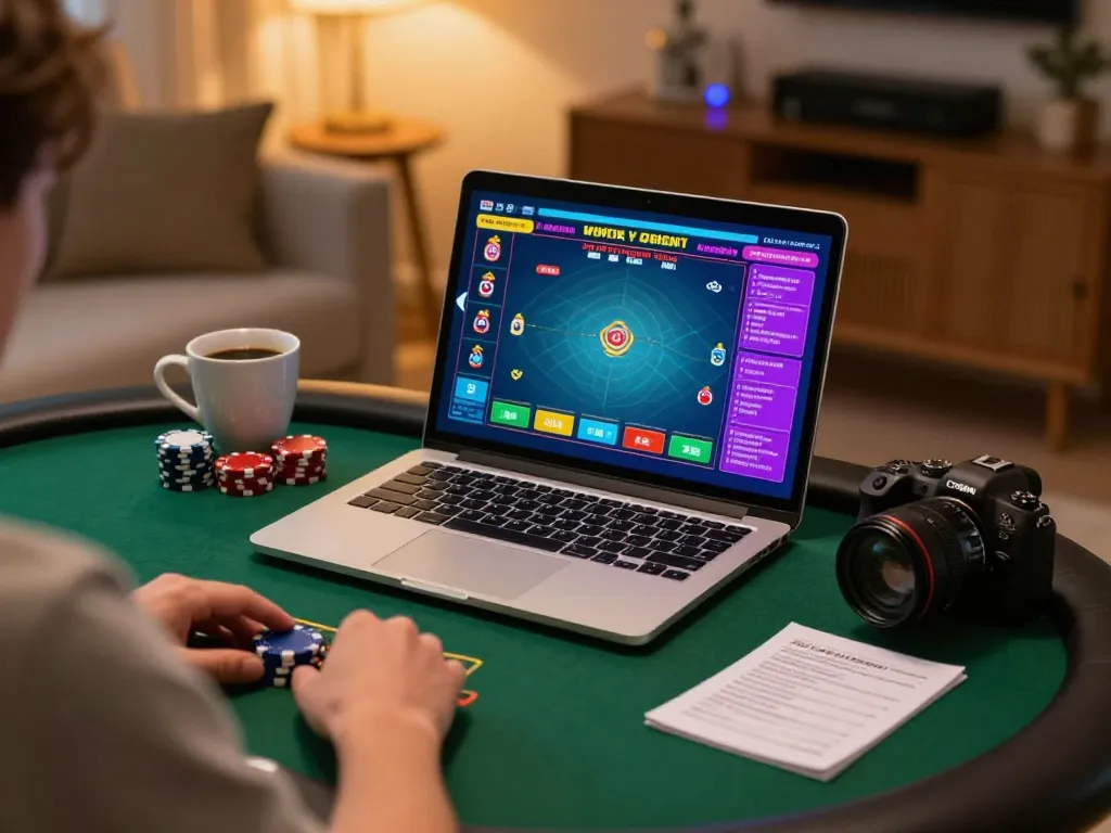 90phut player strategizing poker at home using a laptop and notebook with betting notes.