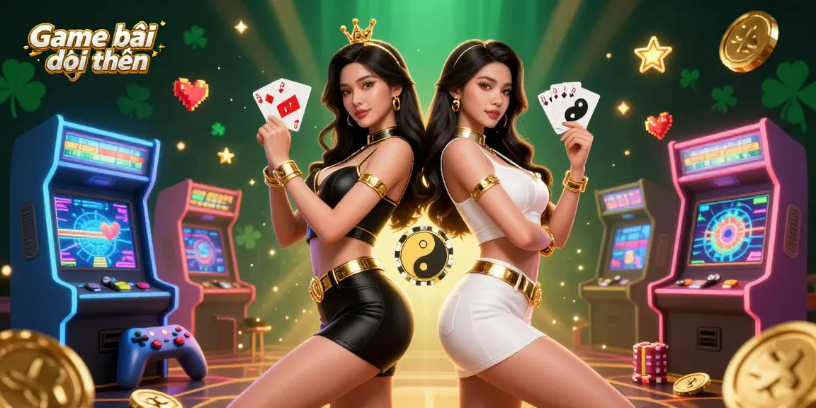 Engage in exhilarating Game bài đổi thưởng with twin Asian women showcasing powerful poses surrounded by vibrant casino elements.