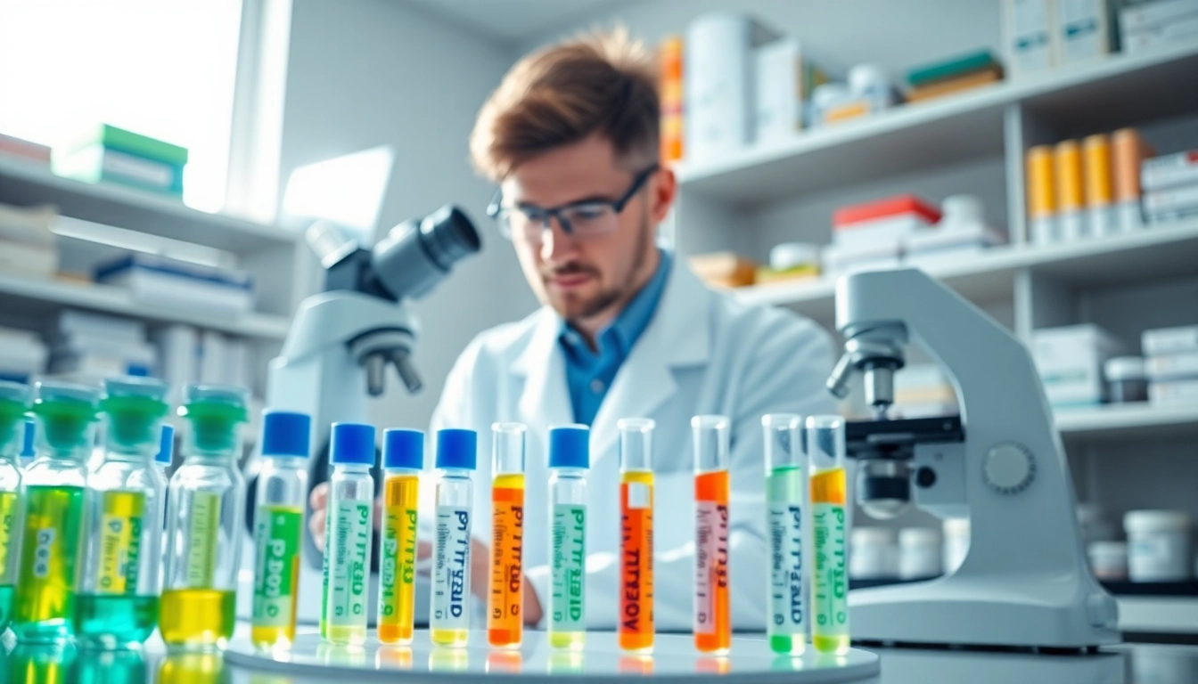 Hydro Research lab specialist examining peptide samples in a bright, professional laboratory setting.