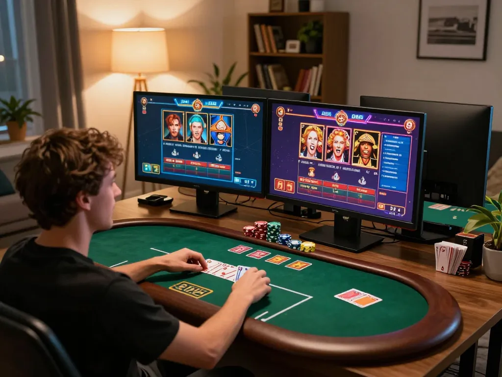 Player engaging with 88xeng online casino games while analyzing strategies in a cozy setting