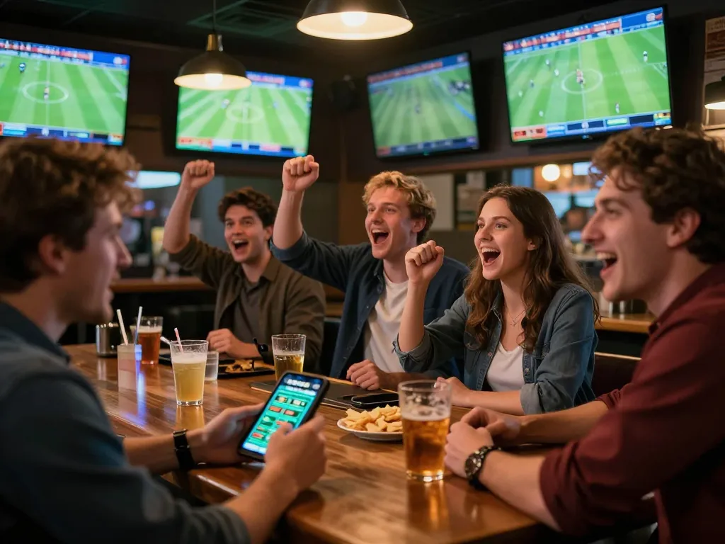 Engaging sports betting scene with patrons cheering and placing bets, focusing on nhận định bóng đá strategies.