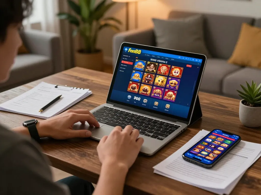 Engaging gameplay on fun88 app utilizing tablet in a cozy home setting, emphasizing strategic notes.