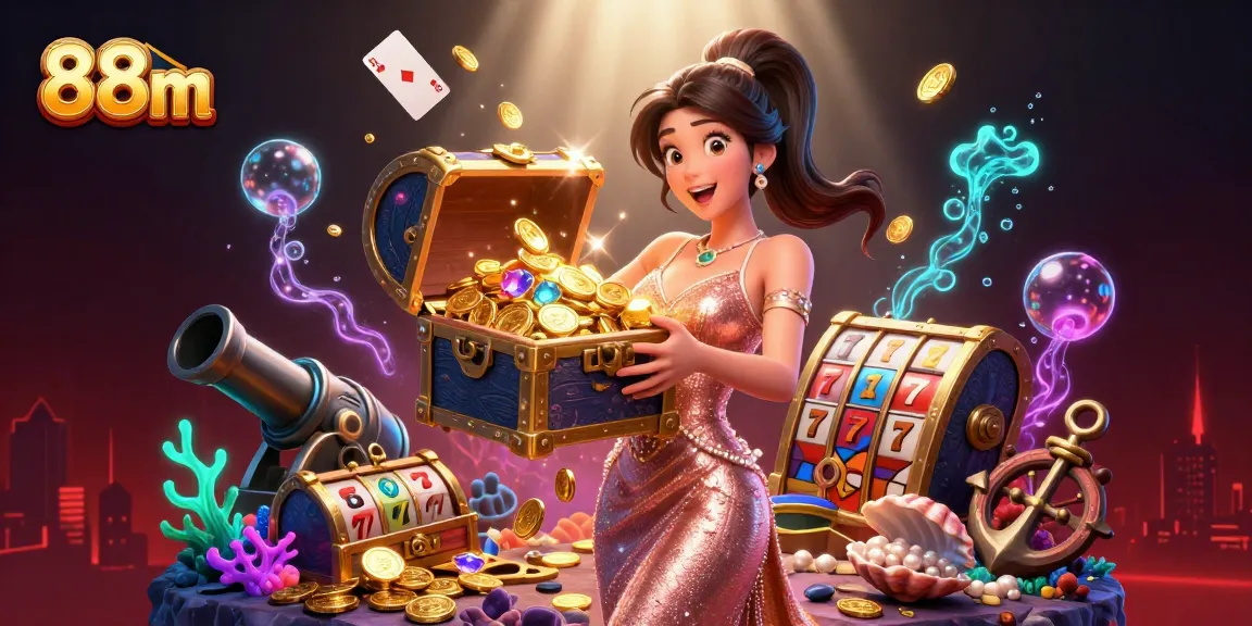 Experience winning at 88m with a joyful Asian woman revealing treasures of gold coins and gems.
