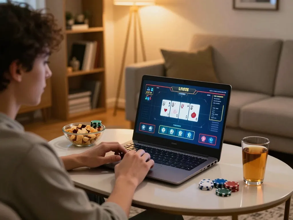 Player engaging in online poker at home using cm88, showcasing strategic decision-making in a cozy environment