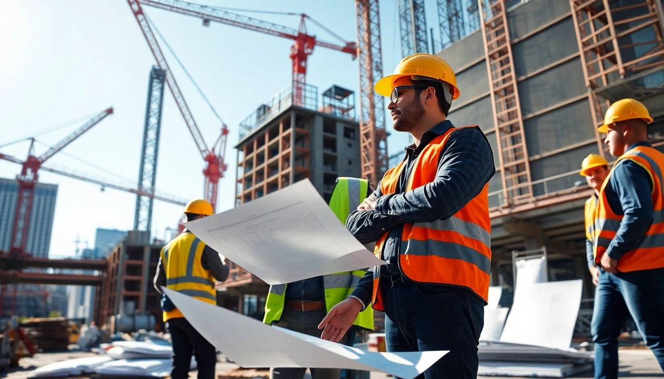 New York Construction Manager reviewing plans on-site with cranes and workers in the background