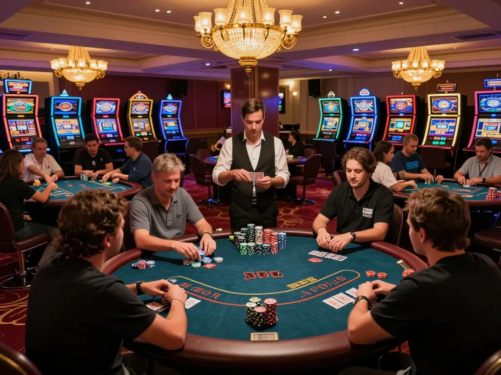 MAX79 players strategizing at vibrant casino tables under warm lighting