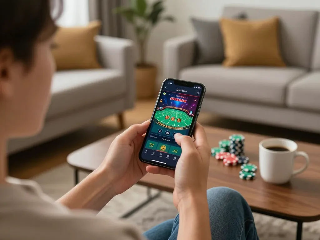 Engaging experience with tg88 mobile casino app showing live dealer games on smartphone in cozy home environment.