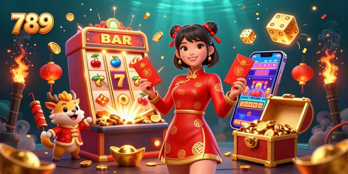 Experience exhilarating wins at the 789 casino with a vibrant, festive 3D illustration of gameplay elements bursting with excitement.