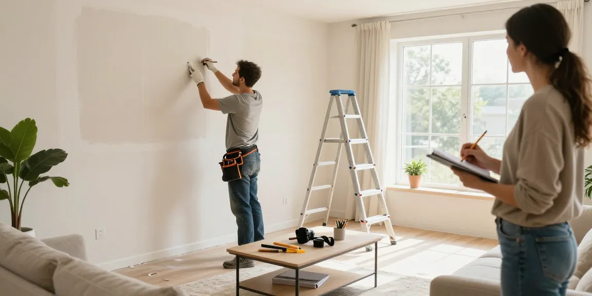 HubPro home services handyman repairing drywall in a bright living room.