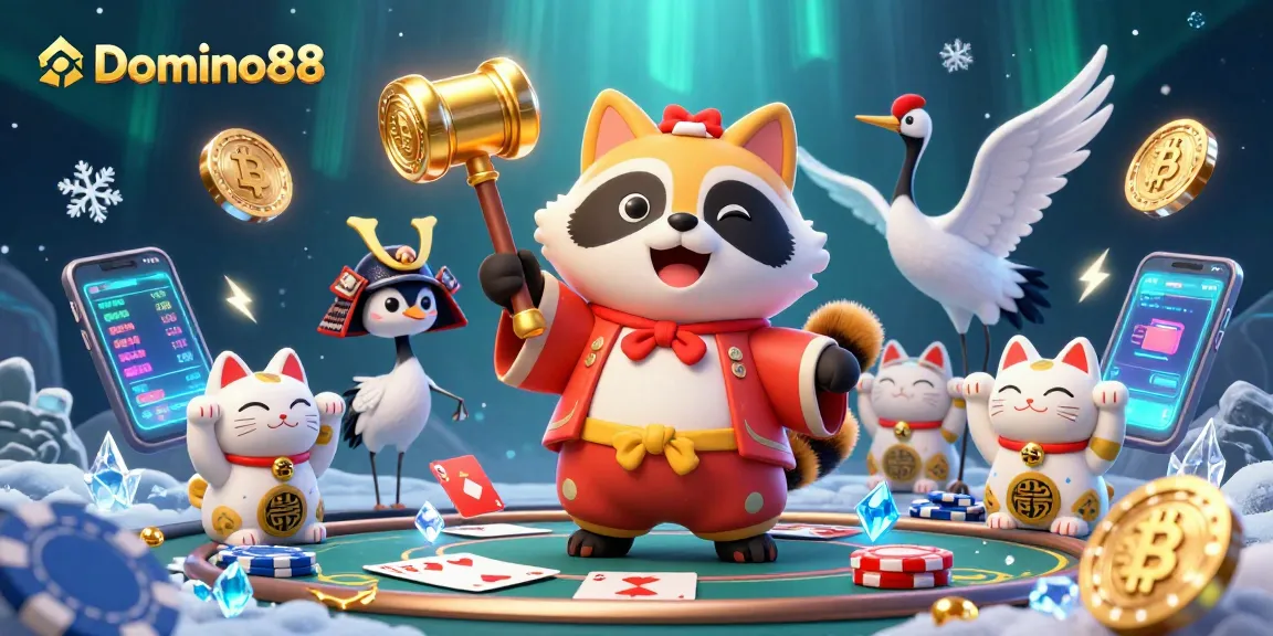 Engage with Domino88's vibrant poker scene featuring cheerful characters and dynamic gameplay elements.