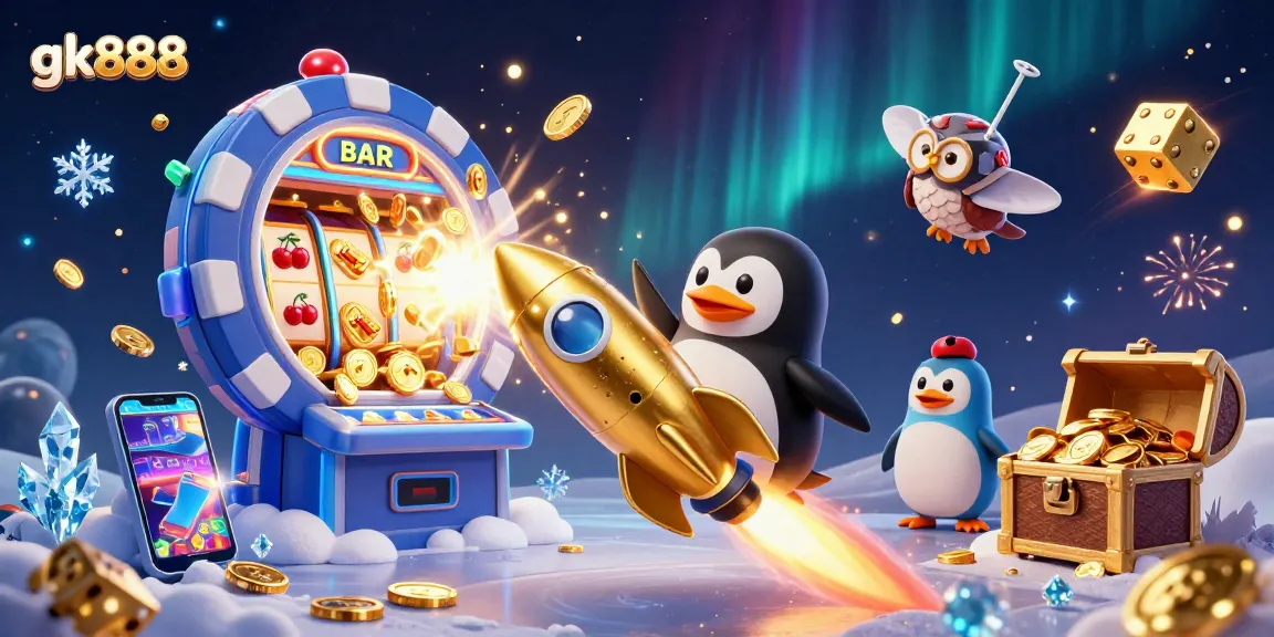Experience the thrilling gk888 adventure with a cosmic penguin and vibrant casino elements.