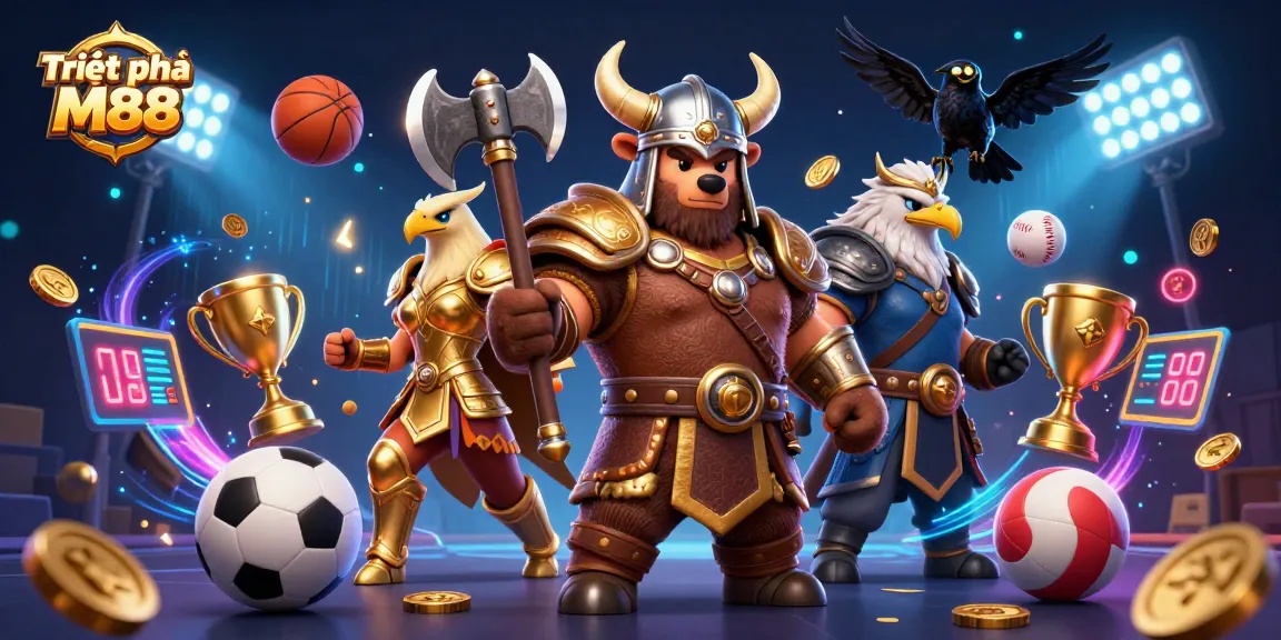 Triệt phá M88 showcases a fiercely animated scene with a Viking bear and sports elements.
