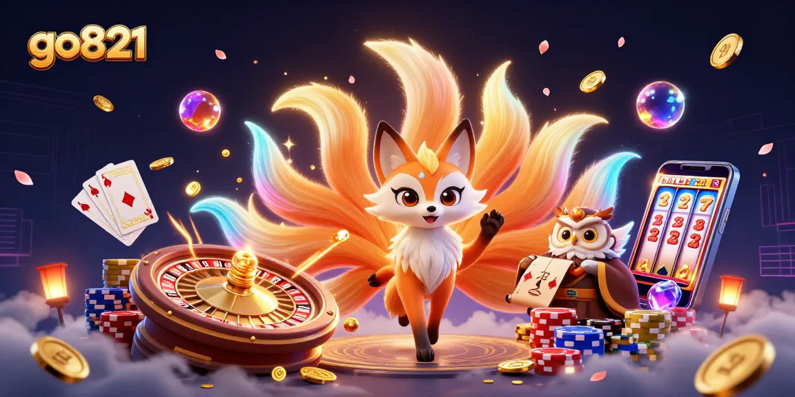 Experience the excitement of go821 with a vibrant casino scene featuring a fox spirit and owl amid cascading coins.