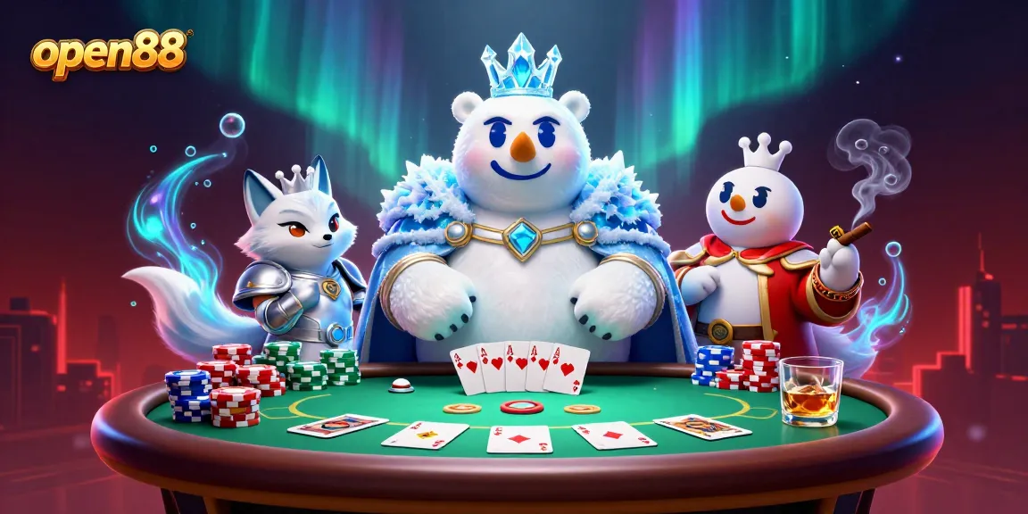 Play poker with open88 at this immersive 3D illustration featuring a king polar bear and snow fox.