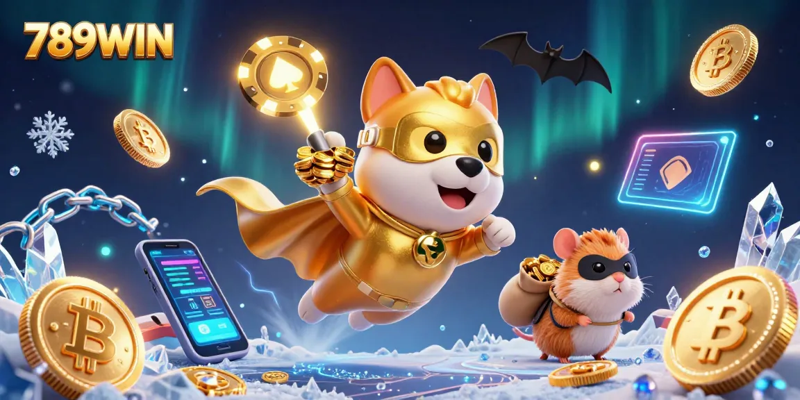 Join the excitement of 789WIN with a superhero dog and hamster in a dynamic casino scene.