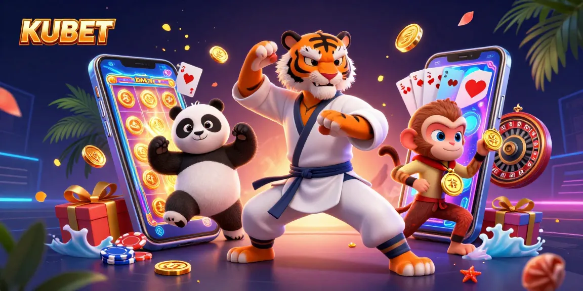 KUBET cartoon illustration showing a tiger master and panda disciple with slot game action