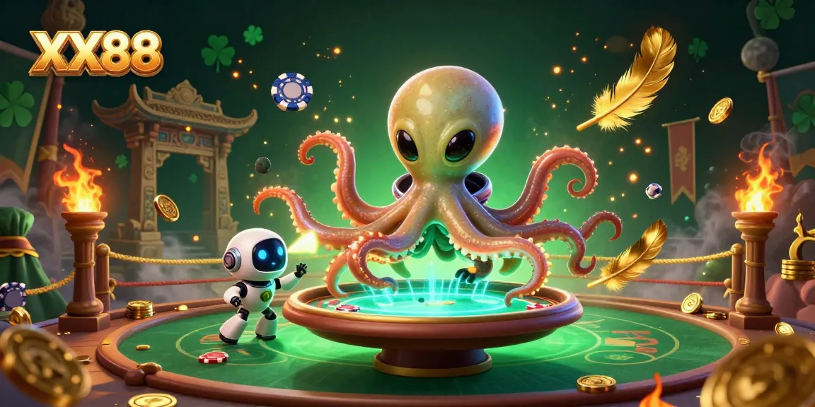 Experience thrilling gaming action with XX88 featuring a vibrant 3D alien octopus at a poker table.