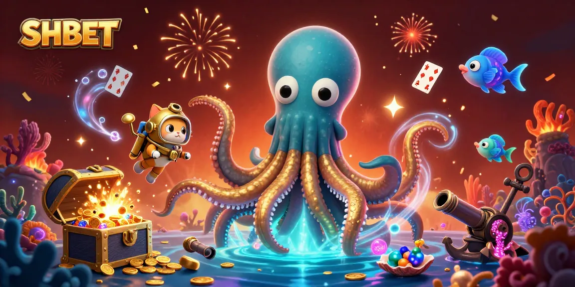 Engage with the exciting world of SHBET featuring a kraken, diving cat, and underwater treasures in a fun casino scene.