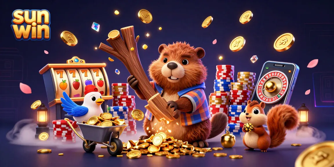 Engage your luck at Sun Win with a cartoon beaver and casino elements in action.
